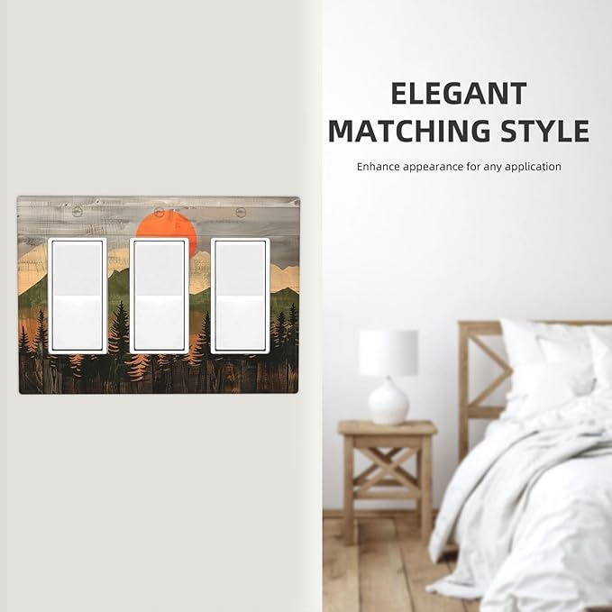 Light Switch Covers Vintage Wood Grain Sun Forest Mountains 3 Gang Rocker Electrical GFCI Decorative Triple Outlet Wall Plate Cover Switchplate for Farmhouse Cabin Decor