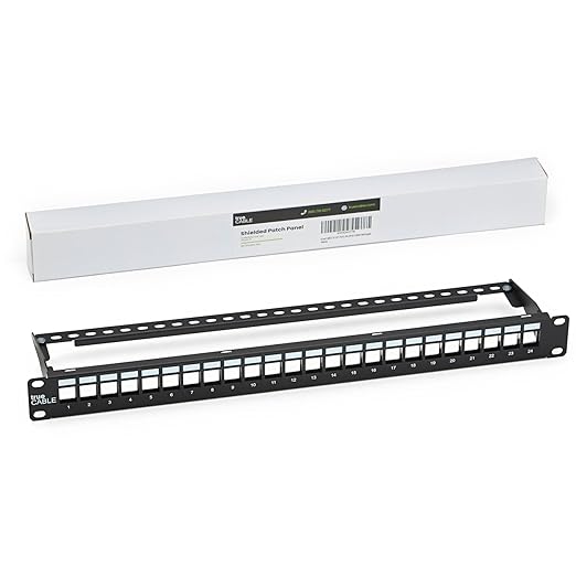 trueCABLE Shielded 24 Port 19” Toolless Modular Patch Panel, Blank, 1U Rack Mount, with Cable Management Bar and Ground Wire, High Density, Black