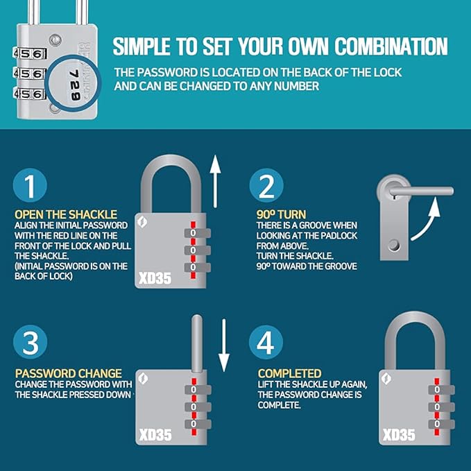 XD35 Combination Lock, 3-Digit Padlock for School Gym Sports LockerLock, Fence, Toolbox, Case, Hasp Storage (2-Pack, Emerald, Blue)