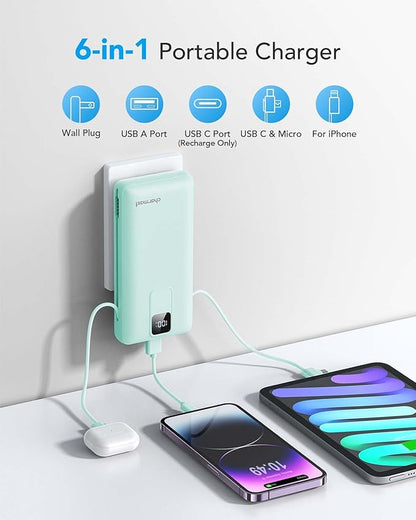 charmast Portable Charger with Built-in Cables and Wall Plug, 20000mAh 20W USB C Power Bank Fast Charging Battery Pack Compatible with iPhone iPhone 16/15/14/13 Series, Samsung Google iPad etc
