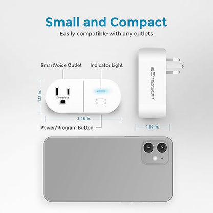 Emerson SmartVoice ES513 Wall Plug, Offline 30+ Voice Control Commands - No APP, No WiFi, No Setup, Smart Outlet Extender for Home and Office, Sleep & Wake Timer, ETL Listed