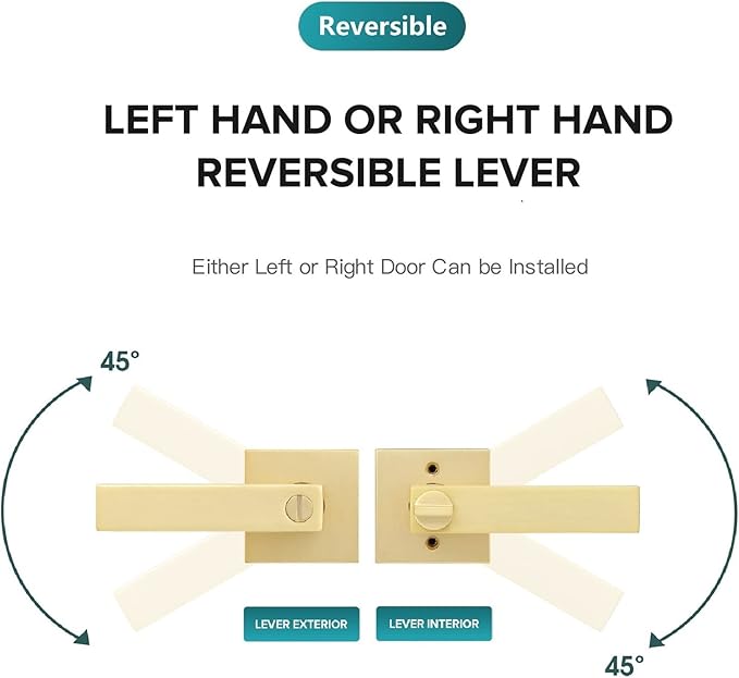 3 Pack Privacy Gold Door Knob Keyless Square Heavy Door Levers, Bed/Bathroom Door Handle Exterior Doorknob with Button for Bedroom or Bathroom