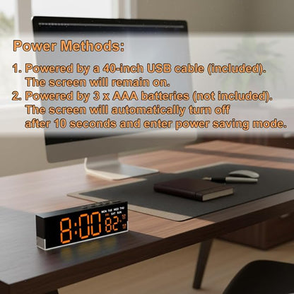 zyzamay 7-Inch Modern LED Digital Alarm Clock with Dual Alarms & Soft Bottom Light｜Displays Time, Date, Day, Temperature｜3-Level Auto/Manual Brightness,DST, USB or Battery Powered Desk Clock,Orange