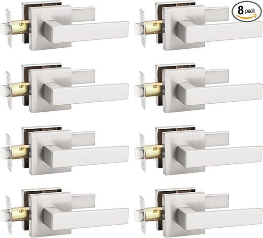 KNOBWELL 8 Pack Passage Door Knob Interior, Brushed Nickel Hallway Closet Door Handle Commercial Square Door Knob with Lever(No Lock)