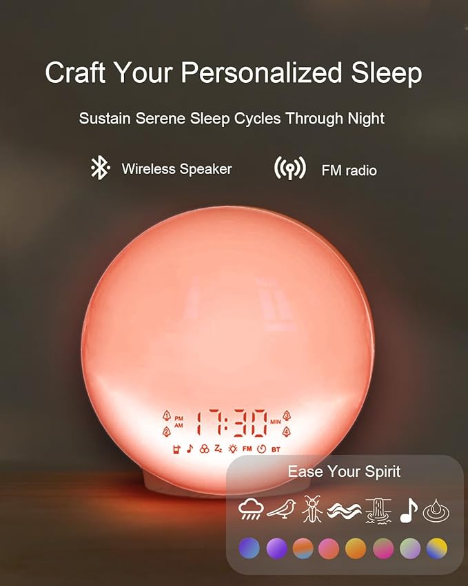 Smart APP Sunrise Alarm Clock with 4 Alarms & Natural Sounds for Heavy Sleepers, App No Signup, Wake Up Light, 11 Night Ligh, Sleep Aid 7 White Noise Machines & FM, Wireless Speaker (White, 1PCS)