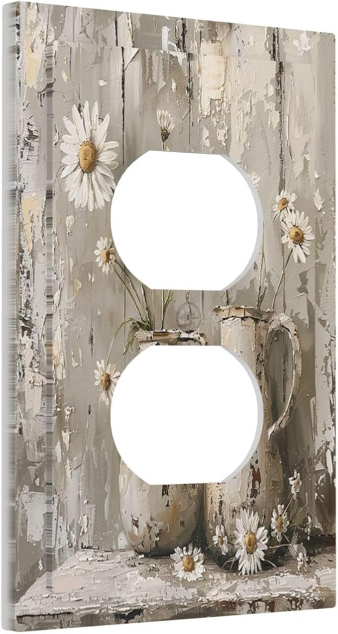 Outlet Covers Vintage Rustic Floral White Daisy Flower Oil Painting Style 1 Gang Duplex Wall Plate Decorative Switch Plates Electrical Receptacle Faceplate Light Switch Cover for Home
