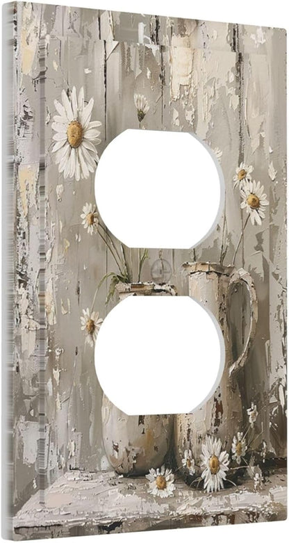 Outlet Covers Vintage Rustic Floral White Daisy Flower Oil Painting Style 1 Gang Duplex Wall Plate Decorative Switch Plates Electrical Receptacle Faceplate Light Switch Cover for Home