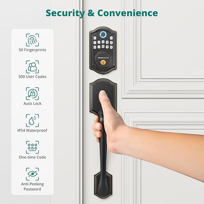 DS10 Pro Keyless Entry Door Lock with Handle Set, Smart Front Door Locks Set, Electronic Keypad, Fingerprint Deadbolt, Bluetooth APP Control, Auto-Lock & One Touch Locking, Oil Rubbed Bronze