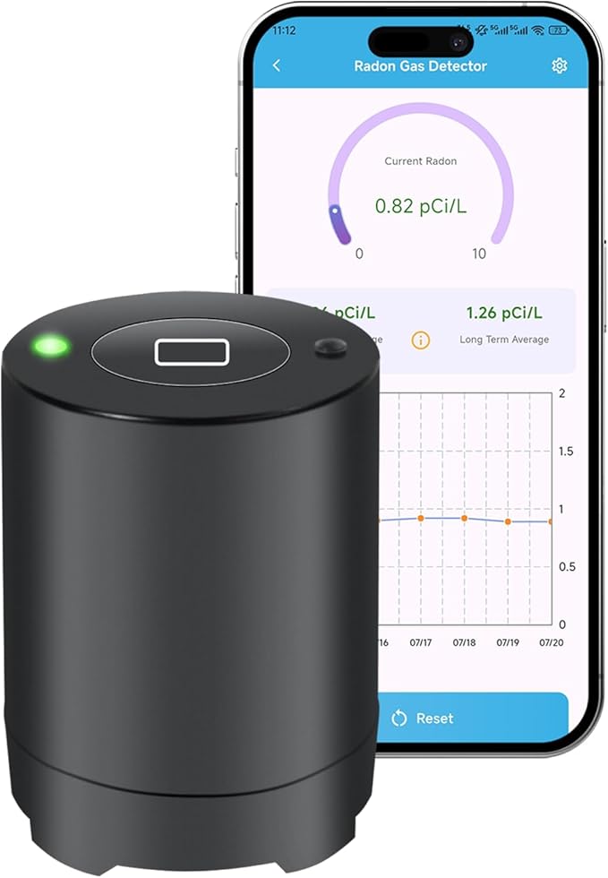 Bluetooth Radon Detector for Home, High-Precision Sensor, Real-Time Radon Gas Monitoring, Short & Long-Term Data with Trend Charts, App Control, Rechargeable Battery, LED Alerts