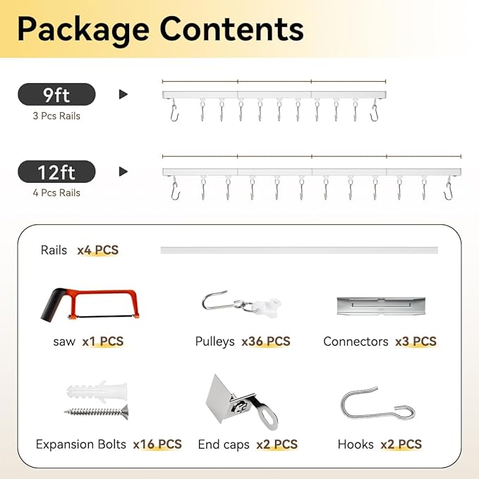 Curtain Track, Ceiling Curtain Track for Room Divider, Ceiling Mount Rail Set with Roller Hooks, White, 9ft - 12ft