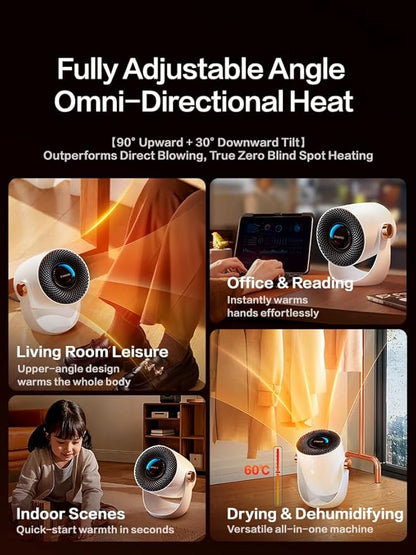 RANVOO Graphene Space Heater, Small Portable Electric Heater for Indoor Use with Hot Airflow, 10X Safe & Smart Protection, 120° Tilt Adjustment to Surround Heat for Office Bedroom, White