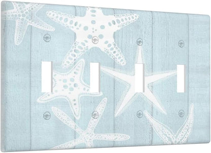 Beach Starfish Vintage Wood Rustic Country Ocean Light Switch Covers Quad Toggle Electrical Faceplate 4 Gang Wall Plate Decorative Switch Plates Cover for Farmhouse Kids Room Decor