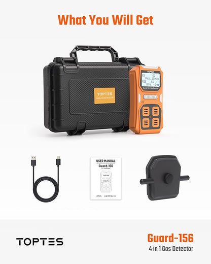 TopTes Guard-156 4 Gas Monitor Multi Gas Detector for H2S, CO, LEL, and O2, Triple Alarm Modes (Visual, Vibration, Sound), 0.5s Fast Response, Dust and Explosion Proof Design for Work and Home Safety