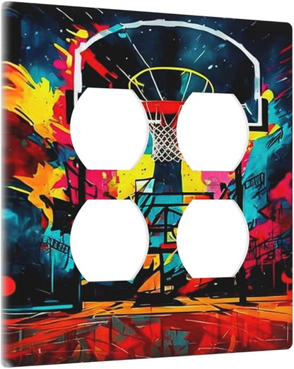 Decorative Outlet Covers Scrawl Colorful Basketball Graffiti Hoop 2 Gang Wall Plate Cover Double Duplex Receptacle Two Switch Light Switch Cover Plate Dual Faceplate for Home Decor