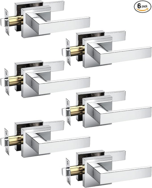 KNOBWELL 6 Pack Door Handles Interior Passage Door Knob for Closet Hallway Polished Chrome Door Leverset Modern Doorknob