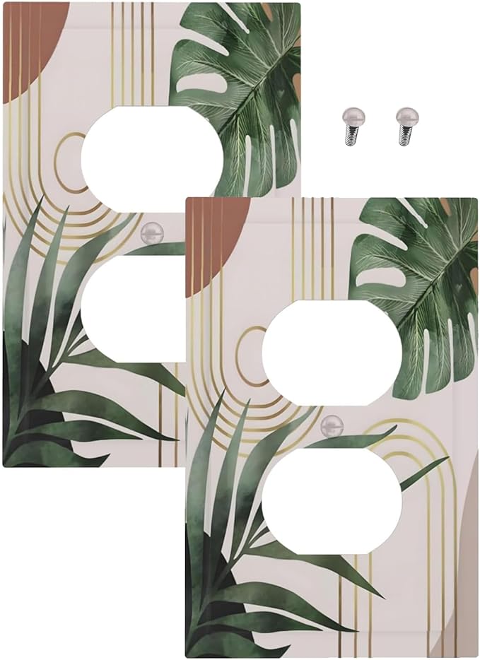 Decorative Outlet Covers Boho Mid Century Abstract Arch Green Leaves 1 Gang Duplex Light Switch Cover Plate Wall Plate Electrical Switch Plate Covers for Bedroom Home Decor（ 2 Pack）
