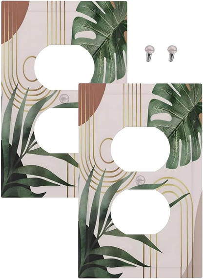 Decorative Outlet Covers Boho Mid Century Abstract Arch Green Leaves 1 Gang Duplex Light Switch Cover Plate Wall Plate Electrical Switch Plate Covers for Bedroom Home Decor（ 2 Pack）