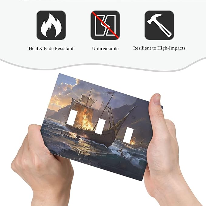 Decorative Light Switch Cover Plate Medieval Vintage Sailing Adventure Sailings Ocean Waves 3 Gang Wall Plate Triple Toggle Switch Plate Covers Electrical Outlet Cover for Bedroom Cabin