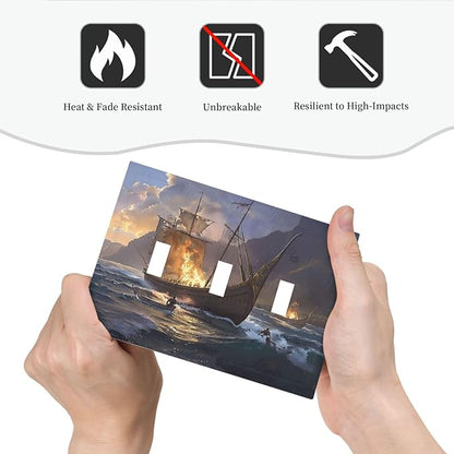 Decorative Light Switch Cover Plate Medieval Vintage Sailing Adventure Sailings Ocean Waves 3 Gang Wall Plate Triple Toggle Switch Plate Covers Electrical Outlet Cover for Bedroom Cabin