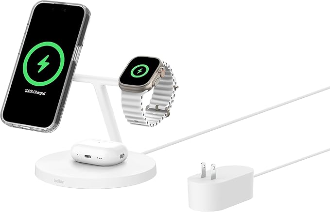 Belkin MagSafe-Compatible Charger, 3-in-1 Wireless Charging Station, Qi2-Certified 15W Wireless Charge for Apple iPhone 17 Series, Apple Watch, AirPods w/Non-Slip Base, 40W Included - Black