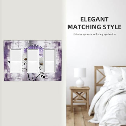 Purple Daisy White Floral Butterfly Flowers Triple Rocker Light Switch Covers 3 Gang Outlet Cover Wall Plates Decorative Switch Plates Electrical GFCI Faceplate Switchplate for Home 4.49 X 6.38 IN