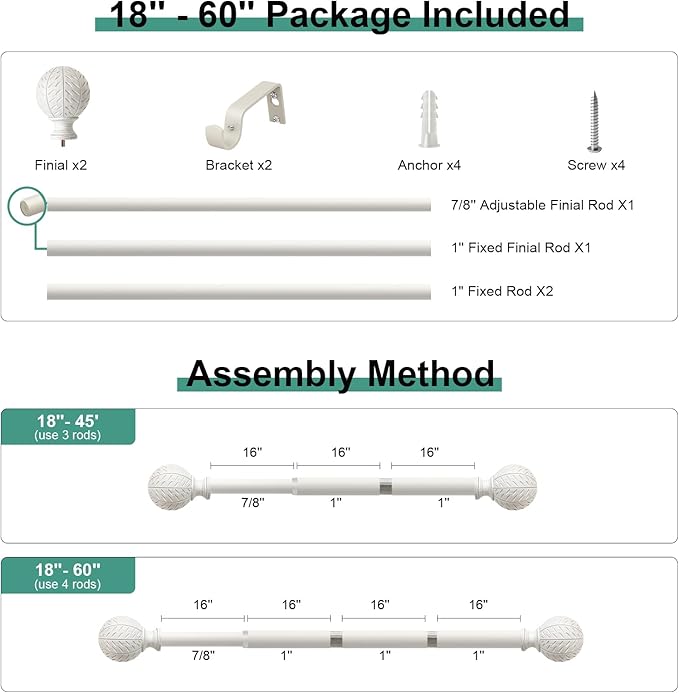 Antique White Ball Curtain Rods for Windows 28 to 48 Inch,1 Inch Heavy Duty Adjustable Curtain Rod,Boho Decorative Drapery Rods Set with Brackets,Size:18''-60''