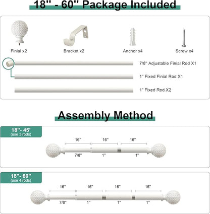 Antique White Ball Curtain Rods for Windows 28 to 48 Inch,1 Inch Heavy Duty Adjustable Curtain Rod,Boho Decorative Drapery Rods Set with Brackets,Size:18''-60''