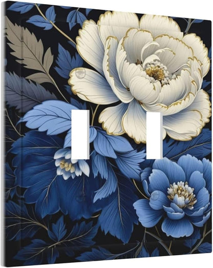 Blue White Flowers Light Switch Covers Double Toggle 2 Gang Wall Plate Dual Decorative Switchplate Electrical Faceplate for Farmhouse Decor