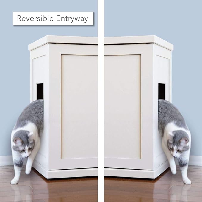 THE REFINED FELINE Cat Litter Box Enclosure Cabinet, Shaker, White, Mid-Century Feet, Large, Hidden Litter Cat Furniture with Drawer