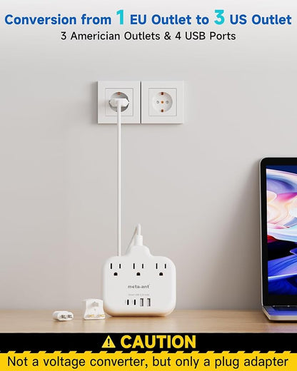 European Travel Plug Adapter, US to European Plug Adapter with 3 American Outlets & 4 USB, 3ft European Power Cord, International Travel Power Strip, Type C for Europe EU Germany France, Travel, White