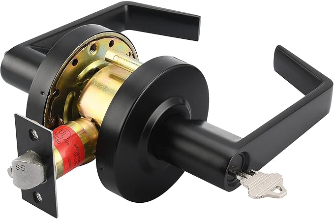 LYNN HARDWARE Commercial Door Lever Lock - Heavy-Duty Locking Door Handle, Designer Door Handles, Cylindrical Lever Lock, Non-Handed Grade 2 Door Handle, Matte Black, Storeroom Function