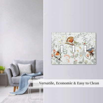 Decorative Switch Plates Red Floral Berries Colorful Bird Plant 3 Gang Wall Plate Triple Toggle Light Switch Cover Faceplate Electrical Wall Panels For Bed Room Living Room Decor