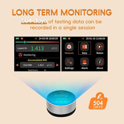 RM-65 Radon Detector for Home Basement, Continuous Radon Monitor with Audible & Visual Alarm, LCD Color Display, Long Term Portable Gas Detector for Home, pCi/L or Bq/m³