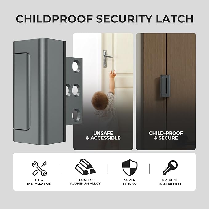6Pack Home Security Door Reinforcement Lock Childproof, Door Locks for Kids Safety, Door Lock Latch Stopper for Front Door Inside Top of Door, Aluminum Construction Finish