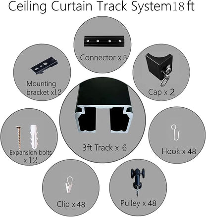 Ceiling Mount Curtains Track Room Divider Privacy Partition Separator Curtain Tracks Rods Heavy Duty RV Shower Outdoor Rail Clip Hook Set, Black 3-18ft