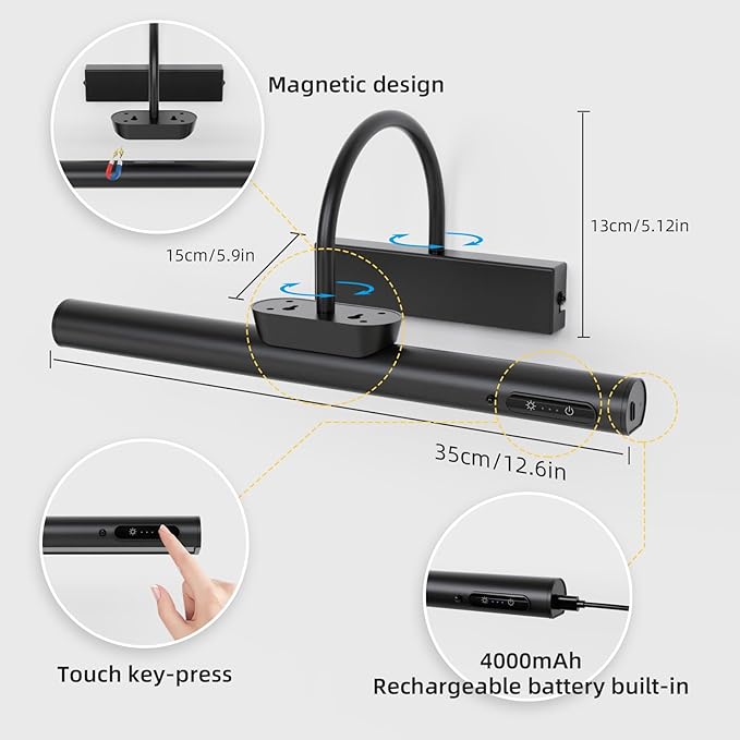 13.8inch Battery Operated Wireless Picture Light，Remote Control Painting Display Lights, Rechargeable Wall Lights with Three Modes and Power Display for Art Frame (13.8in Black-2set)
