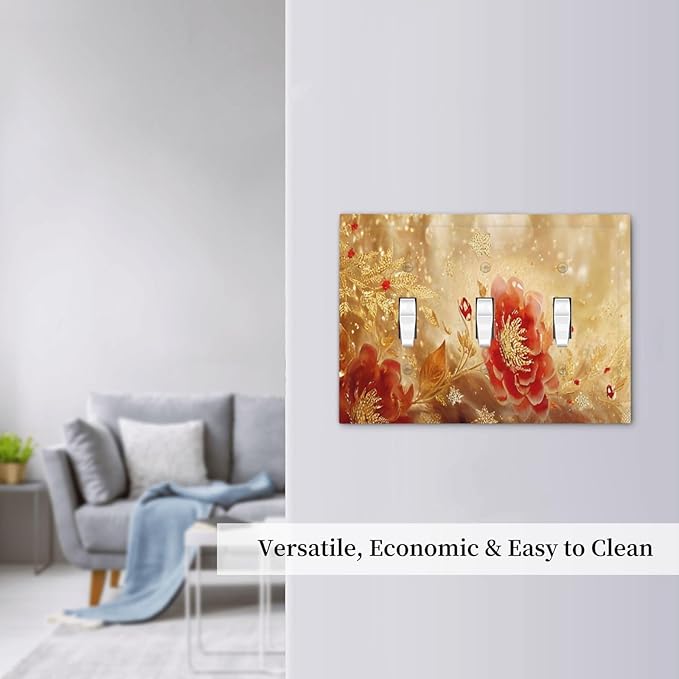 Decorative Light Switch Cover Plate Golden Leaf Red Peony Flowers Floral 3 Gang Wall Plate Oversized Triple Toggle Switch Cover Plate Jumbo Faceplate for Bedroom Decor