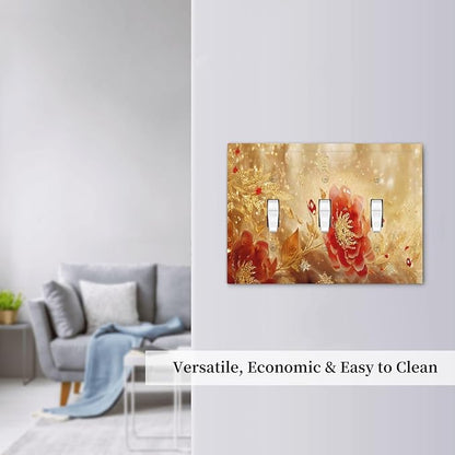 Decorative Light Switch Cover Plate Golden Leaf Red Peony Flowers Floral 3 Gang Wall Plate Oversized Triple Toggle Switch Cover Plate Jumbo Faceplate for Bedroom Decor