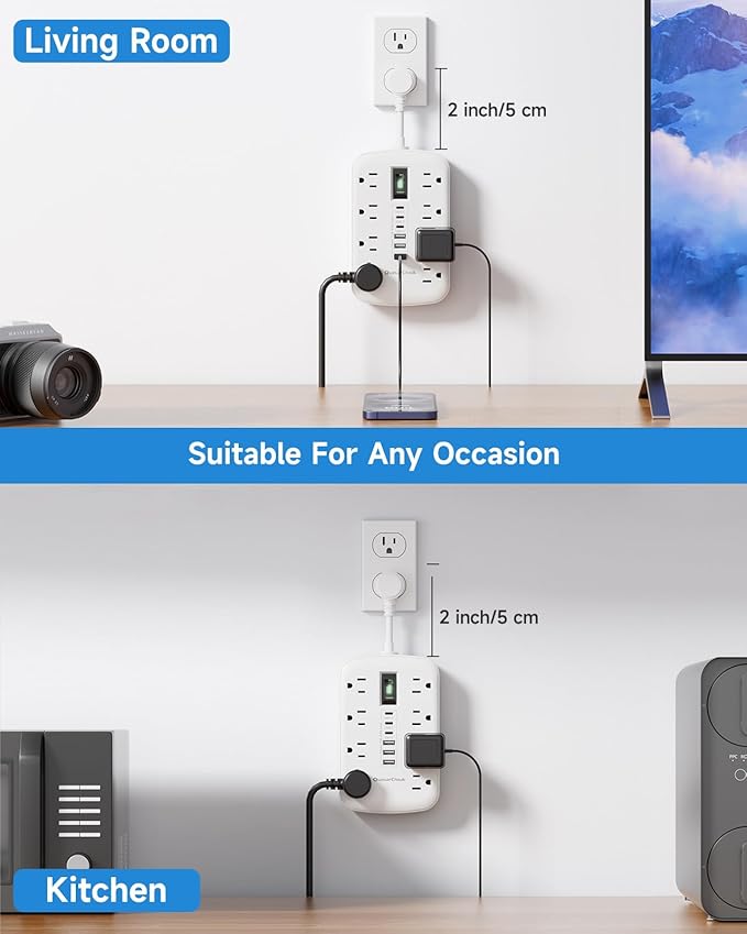 Short Extension Cord 2 inch - Small Power Strip Flat Outlet Extender Surge Protector with 8 AC Outlets 6 USB (5V/4.8A 24W), Mini Extension Cord Flat Wall Plug for Home Office Dorm Kitchen Bathroom