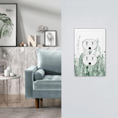 Watercolor Green Leaf Rustic Plant Eucalyptus Flowers Outlet Covers 1 Gang Duplex Light Switch Cover Decorative Switch Plates Electrical Receptacle Faceplate Wall Plate for Bed Room Living Room Decor