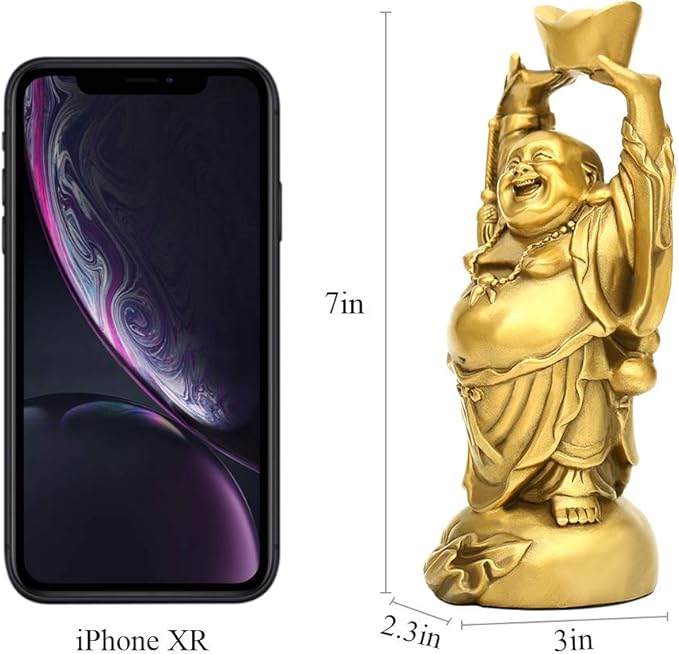 BRASSTAR Brass Laughing Buddha Holding Ingot Money Bag Statue Attract Wealth Feng Shui Ornament Home Office Decorative PTZY053