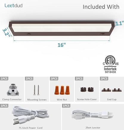 LED Under Cabinet Lighting Hardwired or Plug in, 16 Inch 8W, Dimmable 5 Color 2700K/3000K/3500K/4000K/5000K, Linkable Eyes Care Design Counter Lights for Kitchen, Sink, ETL Listed, Bronze