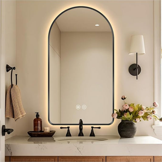 32" x 20" Arched LED Bathroom Mirror, Black Framed, Backlit Vanity Mirror with Lights, Wall Mounted Lighted Mirror, Dimmable 3-Color Shatter-Proof Arch Smart Mirror, UL-Listed, CRI≥93