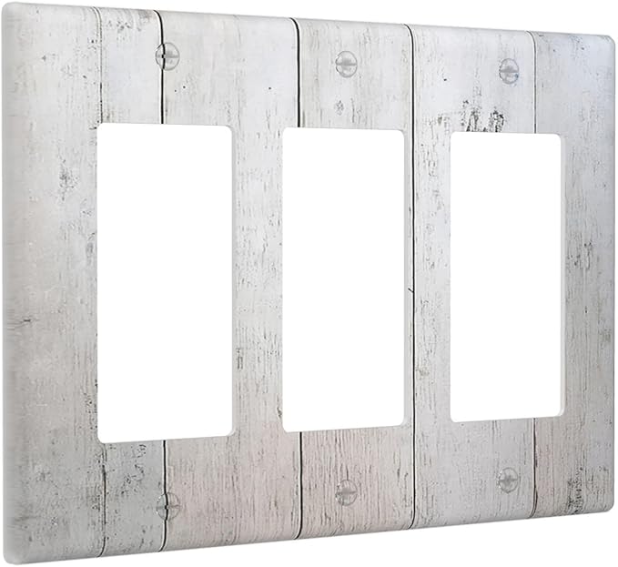 Rustic White Grey Wood Grain Light Switch Covers 3 Gang Rocker Decorative Triple Outlet Wall Plate Cover Electrical GFCI Switchplate for Bedroom Bathroom Decor