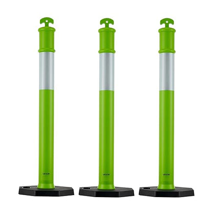 VEVOR 3 Pack Traffic Delineator Posts, 48 inches Traffic Safety Cones with Weighted Base and Reflective Strips, Heavy Duty Delineator Posts for Construction Site, Parking Lot, Crowd Control, Green