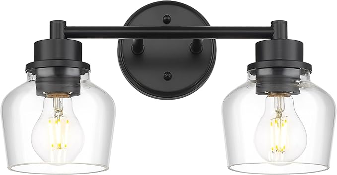 Emak Modern Black Bathroom Lights, Farmhouse Vanity Lighting Fixtures with Clear Glass Shade, 2-Light Vanity Lights for Bathroom, Makeup Desk, Mirror, VL122-BK-CG-2
