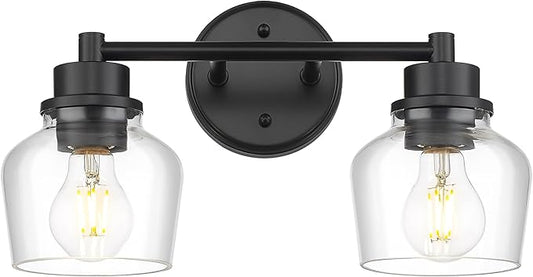 Emak Modern Black Bathroom Lights, Farmhouse Vanity Lighting Fixtures with Clear Glass Shade, 2-Light Vanity Lights for Bathroom, Makeup Desk, Mirror, VL122-BK-CG-2