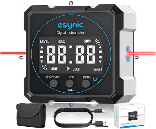 eSynic Digital Angle Finder with Laser USB-C Rechargeable Digital Inclinometer Level IP54 Waterpoof 4 Sides Magnetic Angle Gauge-Auto Off Backlight LCD Display for Construction (Laser Level: Class II)
