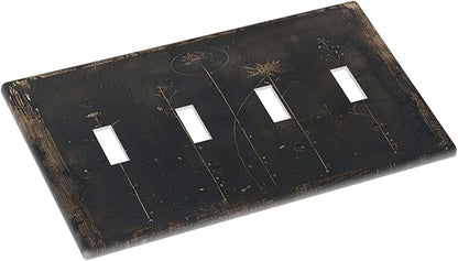 Light Switch Cover Plate Black And White Dandelion Art Vintage Wood Grain 4 Gang Quad Toggle Wall Plate Electrical Outlet Cover Decorative Switch Plate Covers for Farmhouse Cabin Decor
