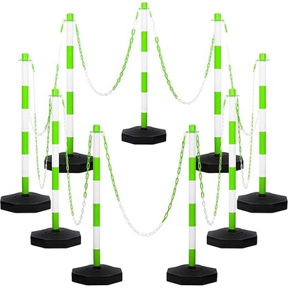 Amylove 9 Packs Traffic Delineator Post Cone with Base, Traffic Cones Safety Cones Caution Cones Plastic Stanchion Chain Safety Barriers with 6.6 Feet Link Chain and S Hooks for Parking Lot (Green)